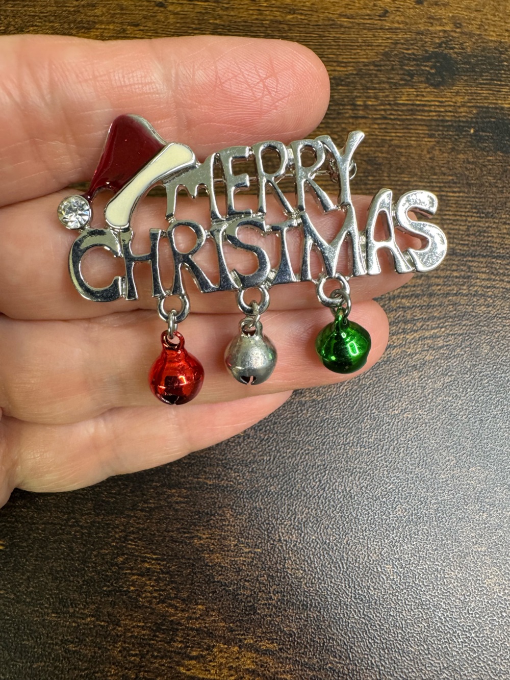 💚4/$20 Merry Christmas Silver Holiday Pin with Red, Silver & Green Bells